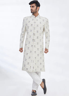 Cream Silk Kurta And Pajama Set VDSF1802293 - Indian Silk House Agencies