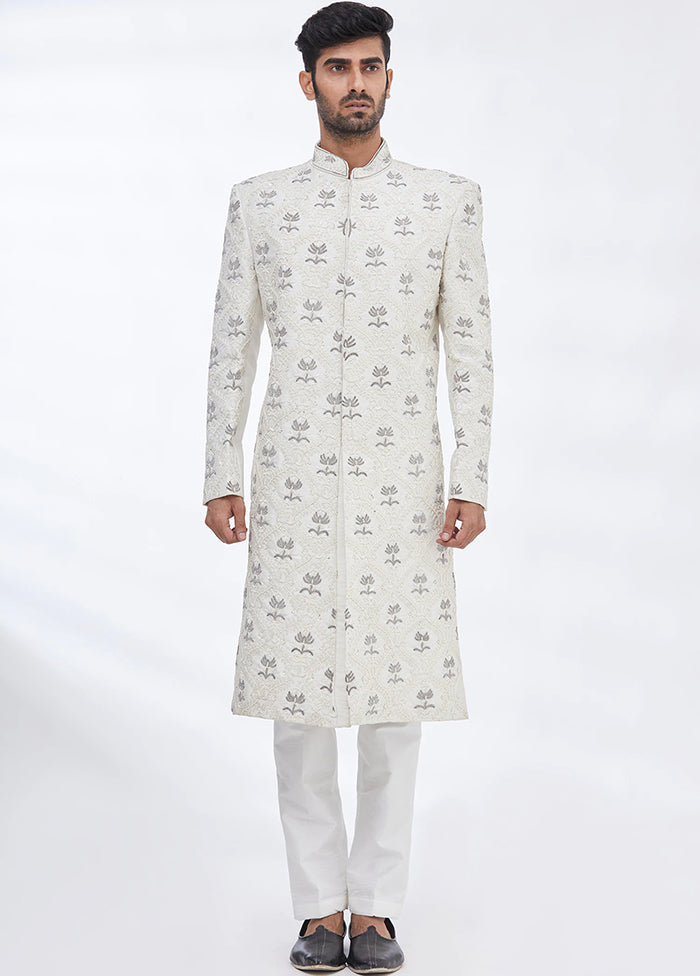 Cream Silk Kurta And Pajama Set VDSF1802293 - Indian Silk House Agencies