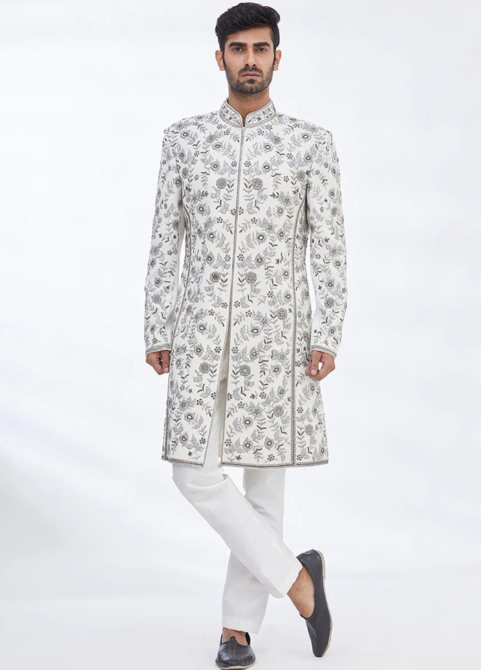 Cream Silk Kurta And Pajama Set VDSF1802294 - Indian Silk House Agencies