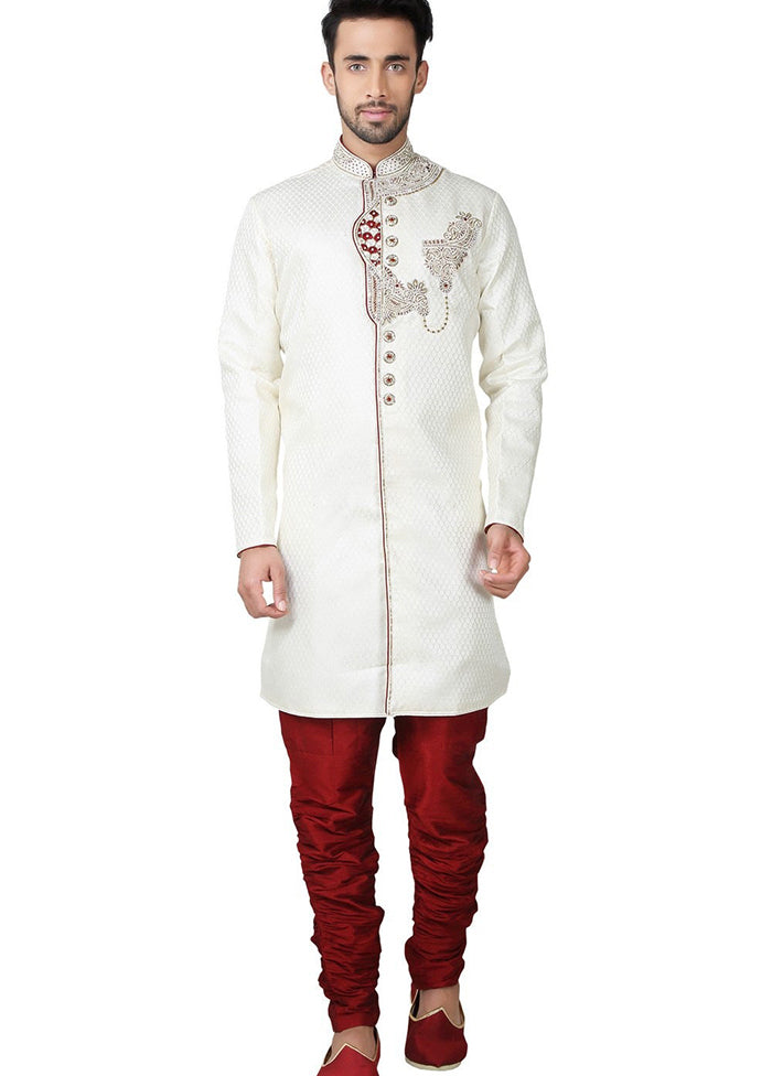 Cream Brocade Kurta And Pajama Set VDSF1802298 - Indian Silk House Agencies