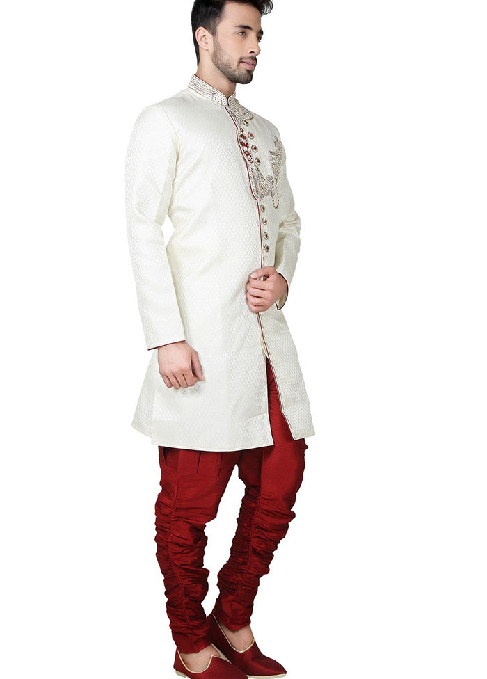 Cream Brocade Kurta And Pajama Set VDSF1802298 - Indian Silk House Agencies