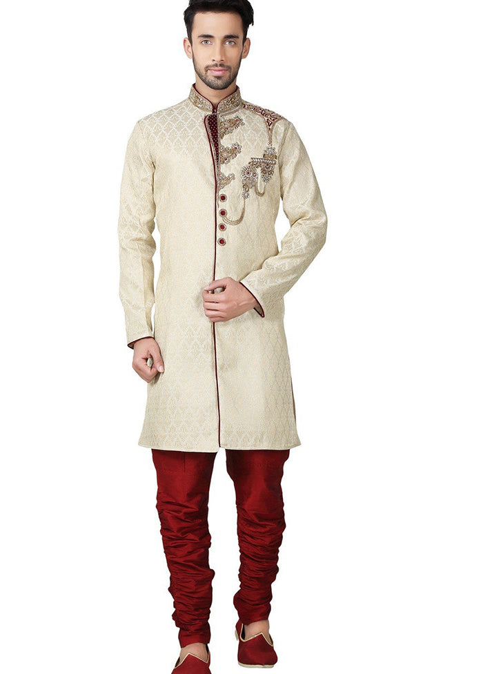 Cream Brocade Kurta And Pajama Set VDSF1802300 - Indian Silk House Agencies