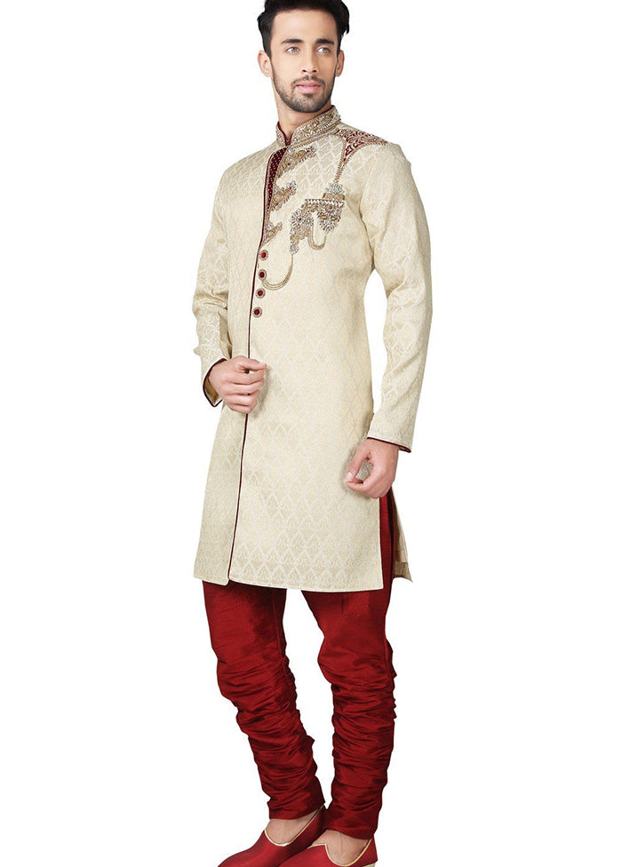 Cream Brocade Kurta And Pajama Set VDSF1802300 - Indian Silk House Agencies