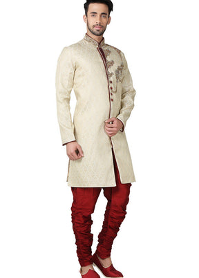 Cream Brocade Kurta And Pajama Set VDSF1802300 - Indian Silk House Agencies