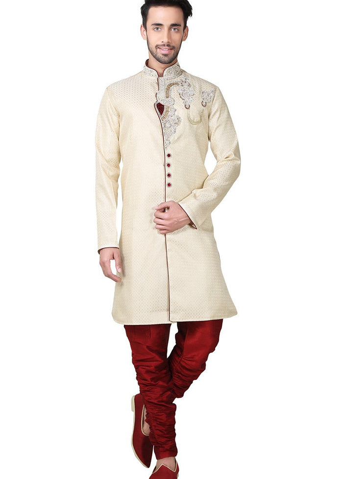 Cream Brocade Kurta And Pajama Set VDSF1802301 - Indian Silk House Agencies