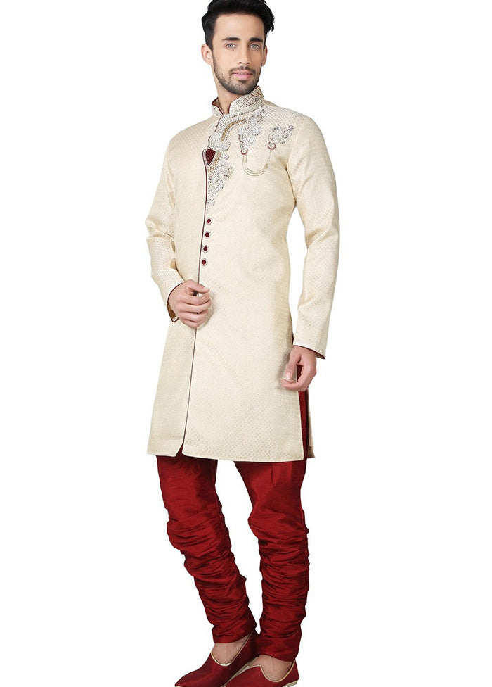 Cream Brocade Kurta And Pajama Set VDSF1802301 - Indian Silk House Agencies