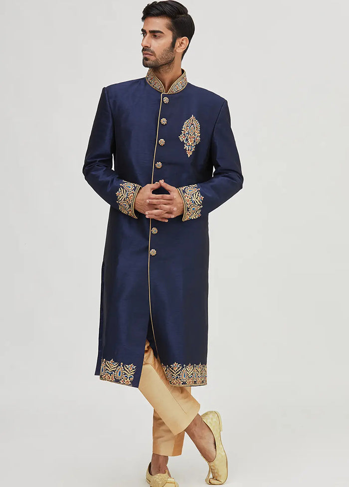 Navy Blue Silk Kurta And Pajama Set VDSF1802302 - Indian Silk House Agencies