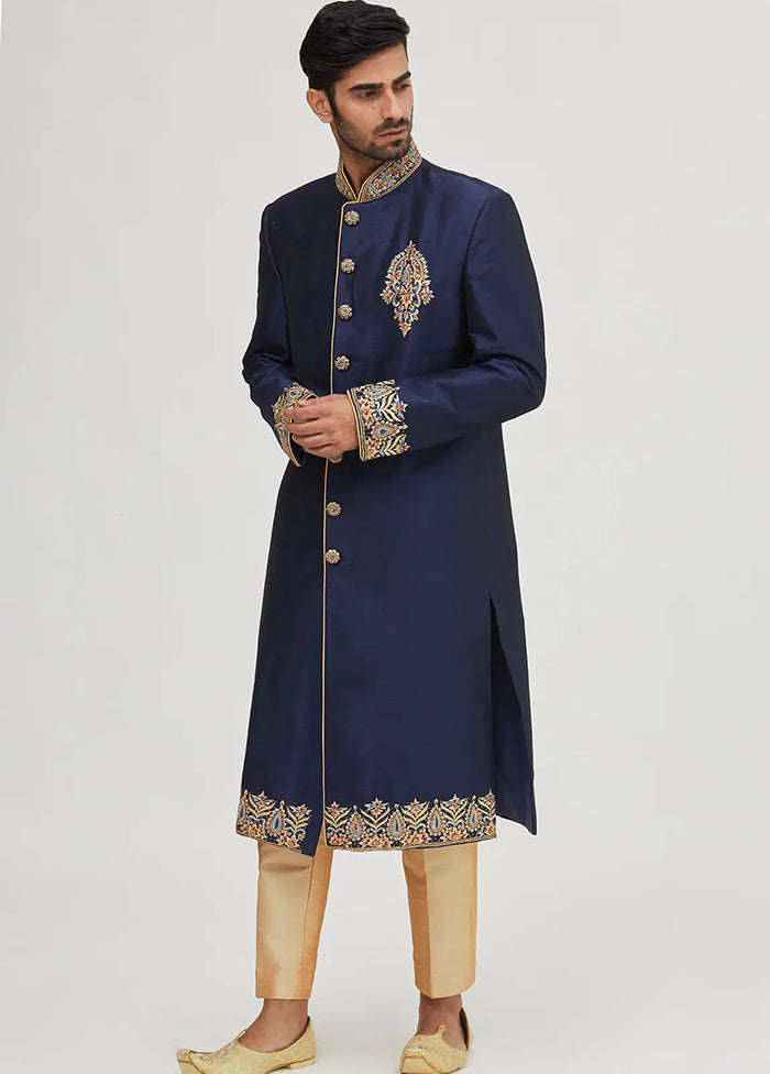 Navy Blue Silk Kurta And Pajama Set VDSF1802302 - Indian Silk House Agencies