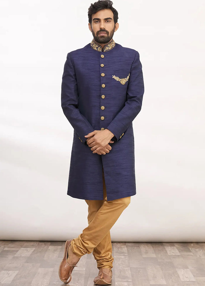 Navy Blue Silk Kurta And Pajama Set VDSF1802305 - Indian Silk House Agencies