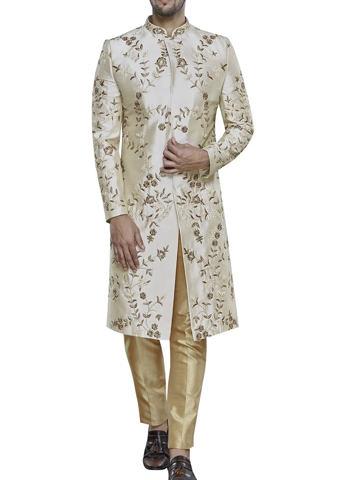 Cream Silk Kurta And Pajama Set VDSF1802307 - Indian Silk House Agencies