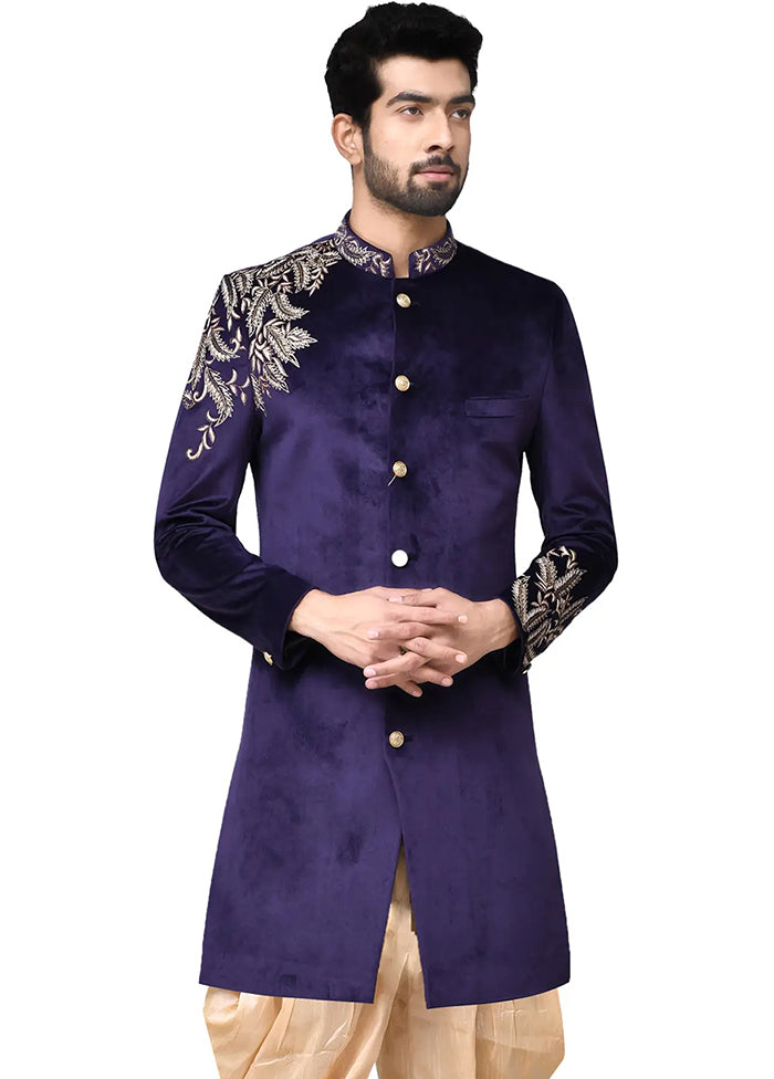 Navy Blue Velvet Kurta And Pajama Set VDSF1802310 - Indian Silk House Agencies