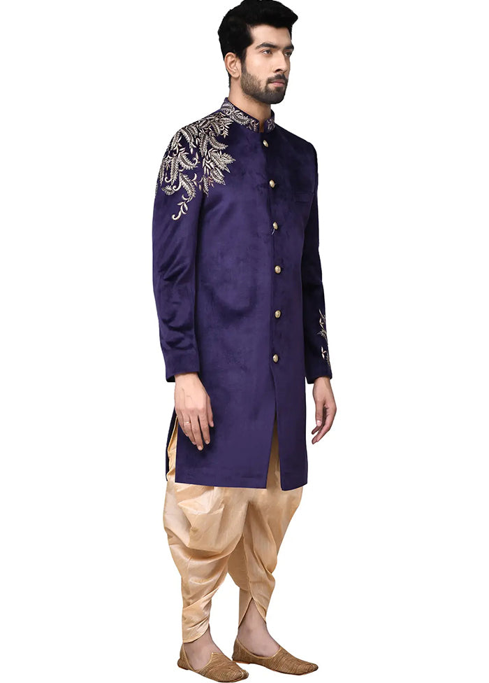 Navy Blue Velvet Kurta And Pajama Set VDSF1802310 - Indian Silk House Agencies