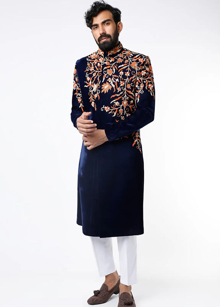 Navy Blue Velvet Kurta And Pajama Set VDSF1802311 - Indian Silk House Agencies