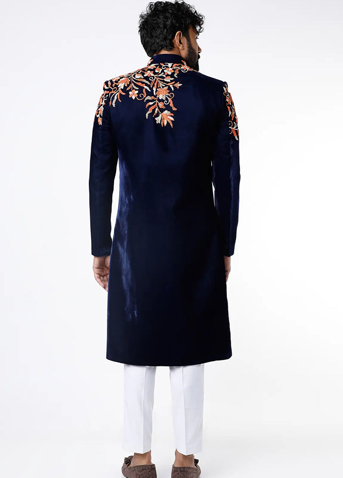 Navy Blue Velvet Kurta And Pajama Set VDSF1802311 - Indian Silk House Agencies