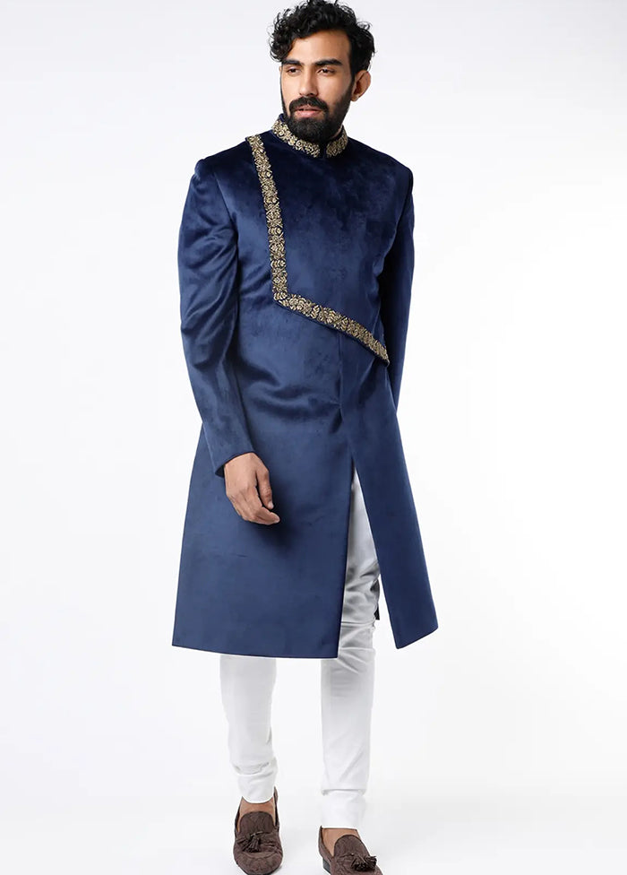 Navy Blue Velvet Kurta And Pajama Set VDSF1802314 - Indian Silk House Agencies