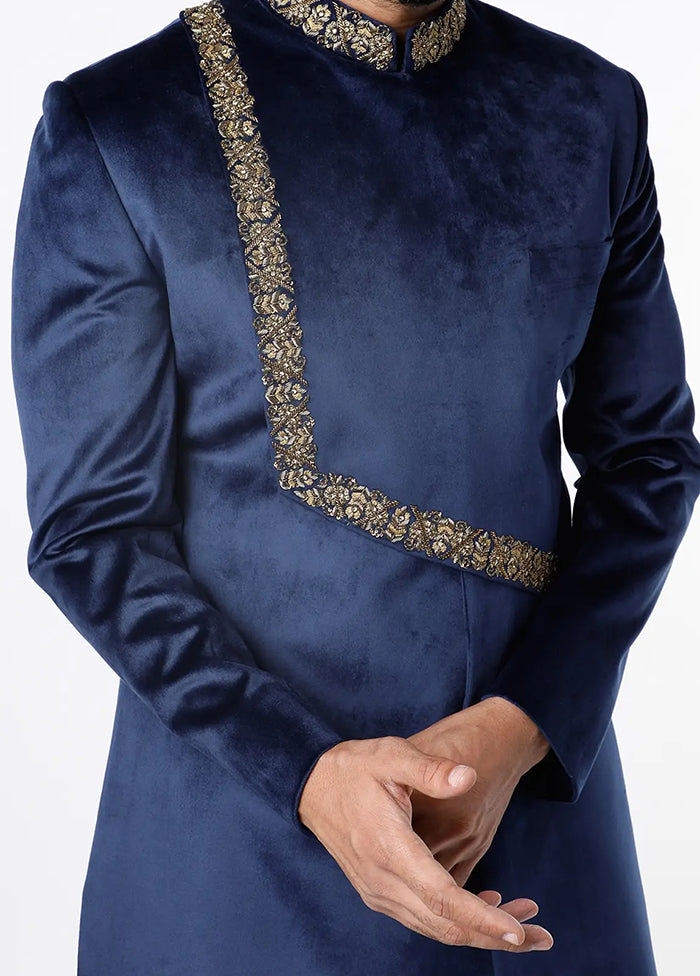 Navy Blue Velvet Kurta And Pajama Set VDSF1802314 - Indian Silk House Agencies