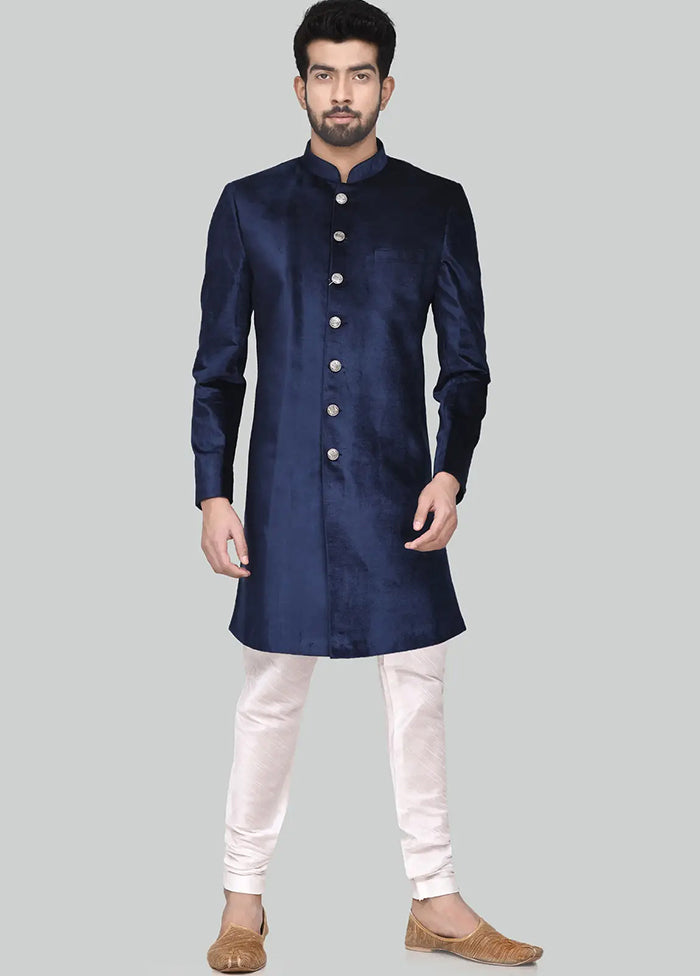 Navy Blue Velvet Kurta And Pajama Set VDSF1802323 - Indian Silk House Agencies