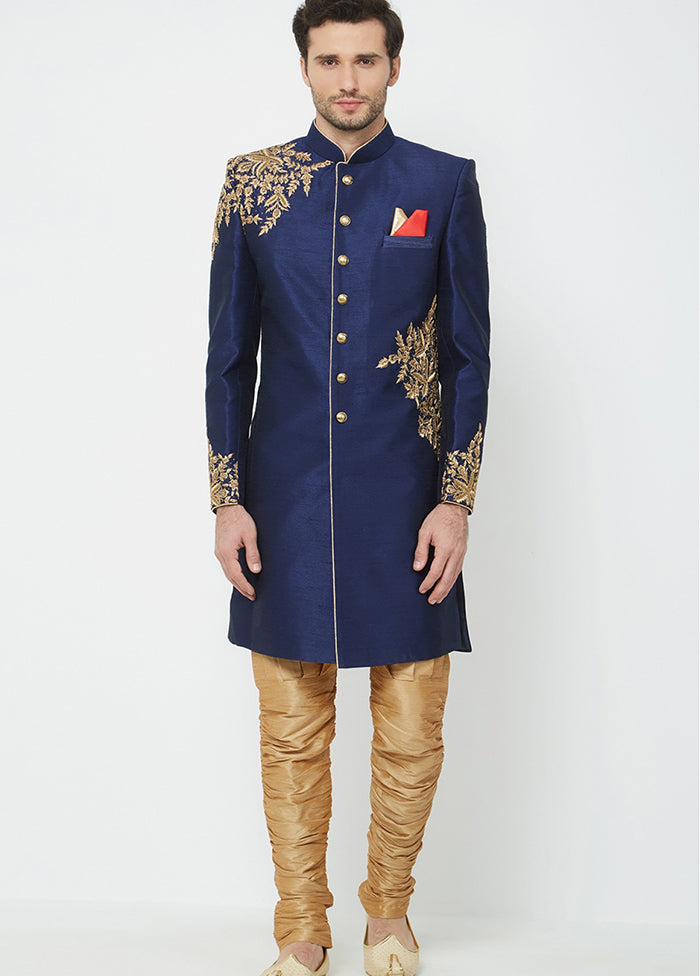 Navy Blue Silk Kurta And Pajama Set VDSF1802330 - Indian Silk House Agencies