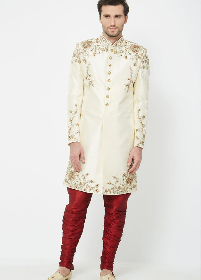 Cream Silk Kurta And Pajama Set VDSF1802332 - Indian Silk House Agencies