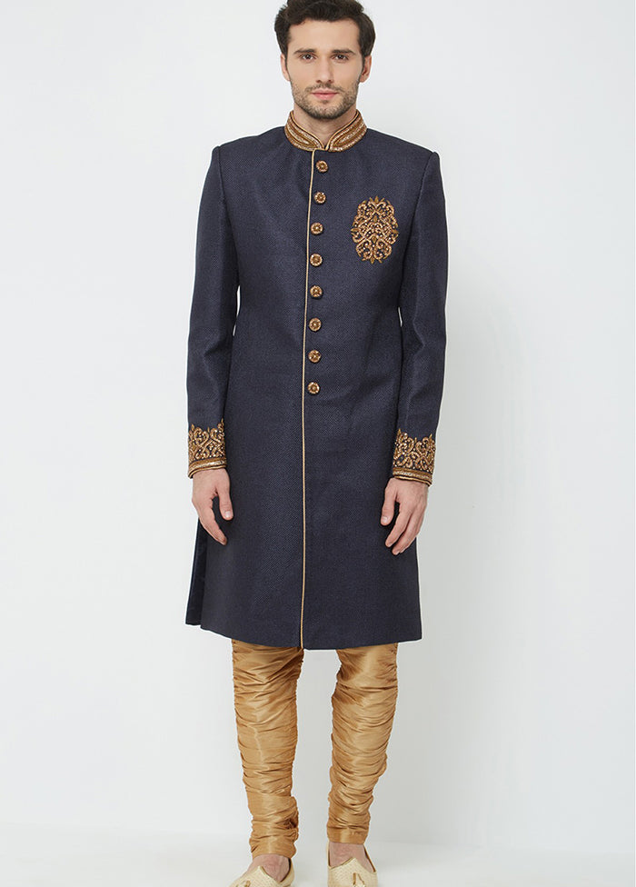 Navy Blue Jute Kurta And Pajama Set VDSF1802336 - Indian Silk House Agencies