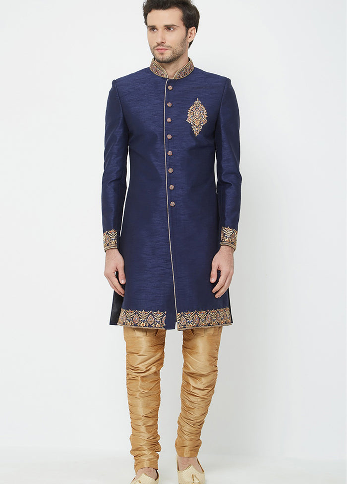 Navy Blue Silk Kurta And Pajama Set VDSF1802337 - Indian Silk House Agencies