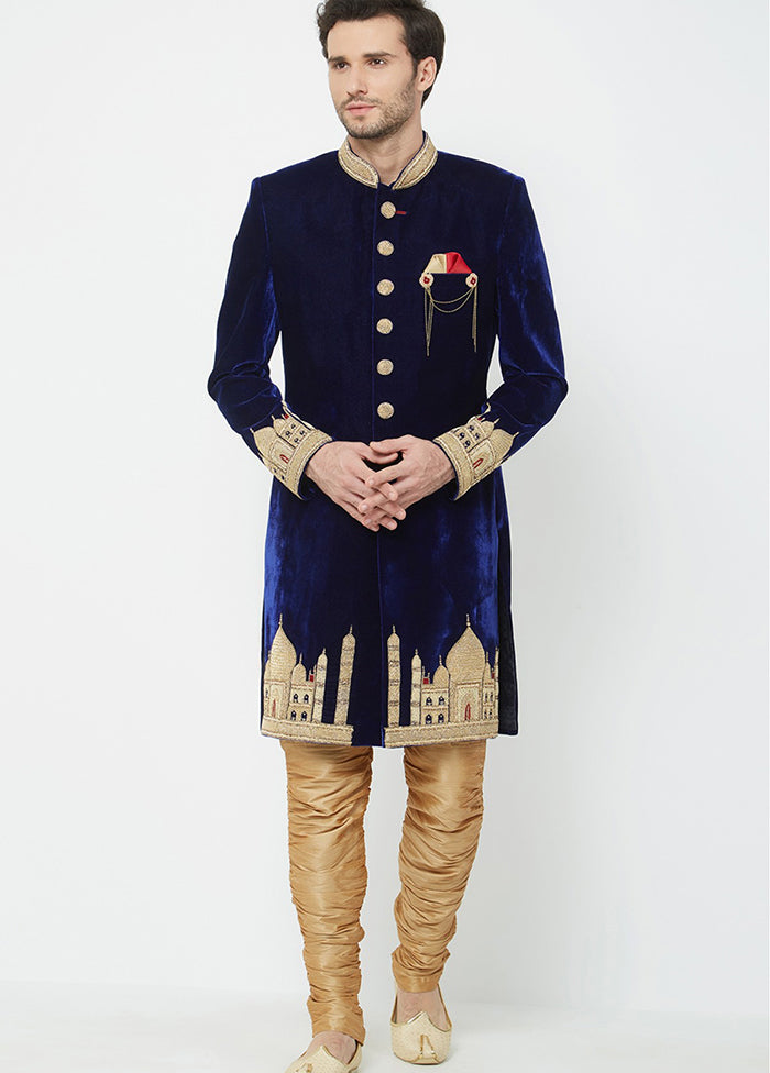 Navy Blue Velvet Kurta And Pajama Set VDSF1802340 - Indian Silk House Agencies