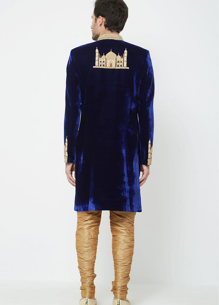 Navy Blue Velvet Kurta And Pajama Set VDSF1802340 - Indian Silk House Agencies