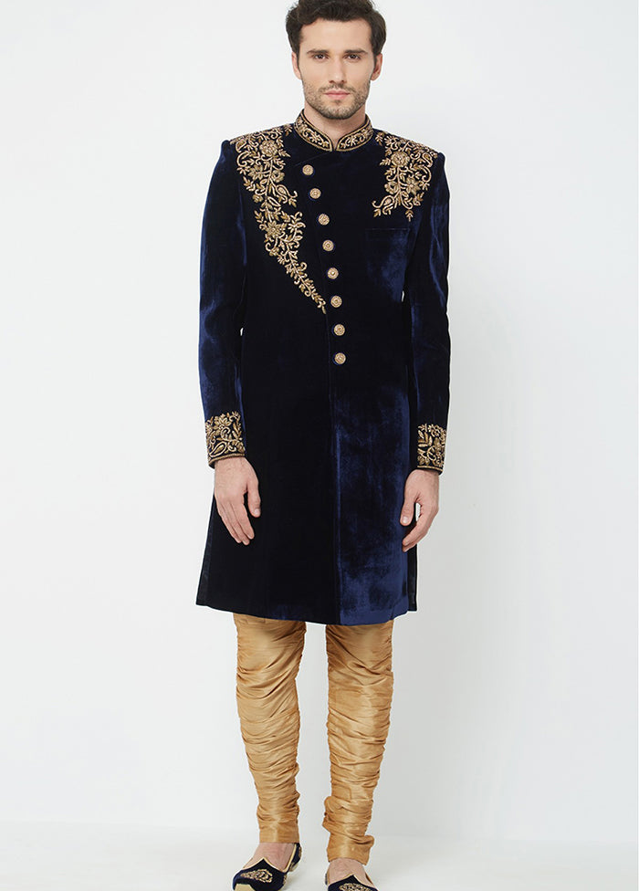 Navy Blue Velvet Kurta And Pajama Set VDSF1802342 - Indian Silk House Agencies