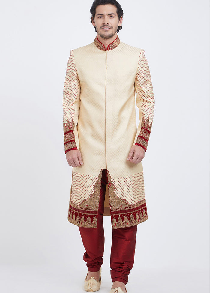 Cream Brocade Kurta And Pajama Set VDSF1802345 - Indian Silk House Agencies