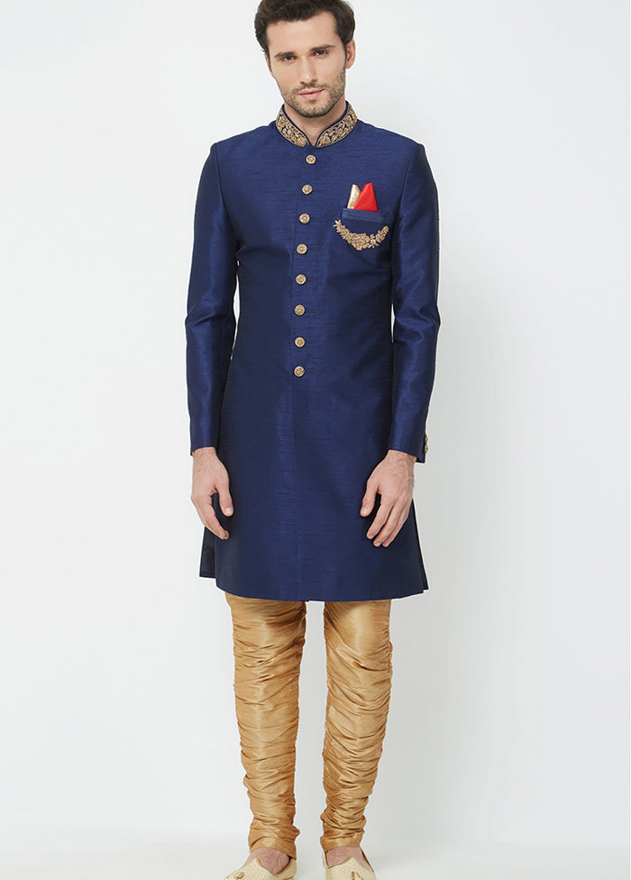 Navy Blue Silk Kurta And Pajama Set VDSF1802354 - Indian Silk House Agencies