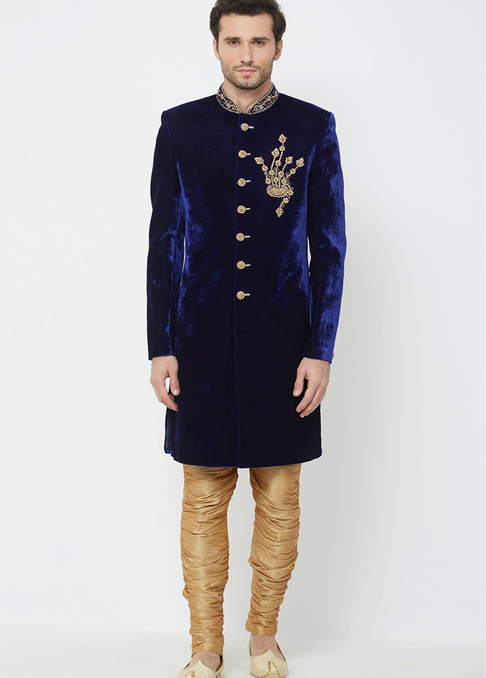 Navy Blue Velvet Kurta And Pajama Set VDSF1802355 - Indian Silk House Agencies