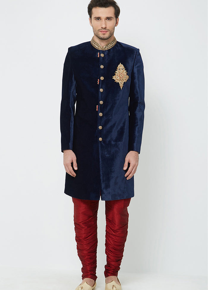 Navy Blue Velvet Kurta And Pajama Set VDSF1802358 - Indian Silk House Agencies