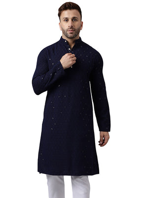 Navy Blue Silk Embroidered Kurta