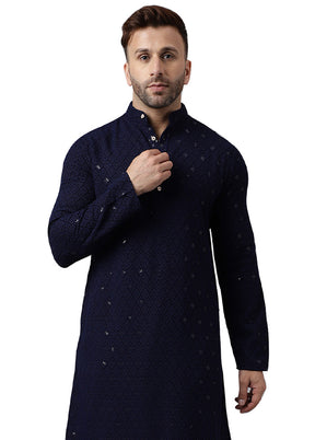 Navy Blue Silk Embroidered Kurta