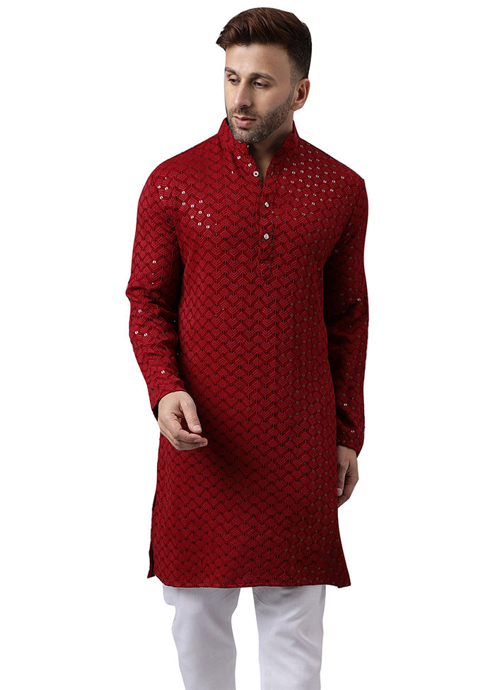 Maroon Silk Embroidered Kurta