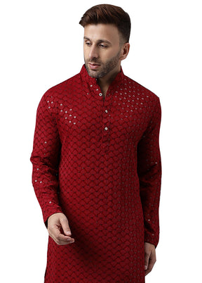 Maroon Silk Embroidered Kurta