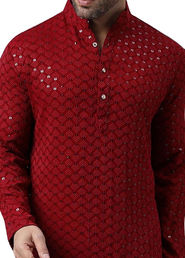 Maroon Silk Embroidered Kurta