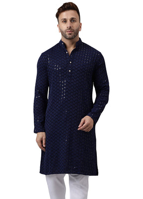 Navy Blue Silk Embroidered Kurta