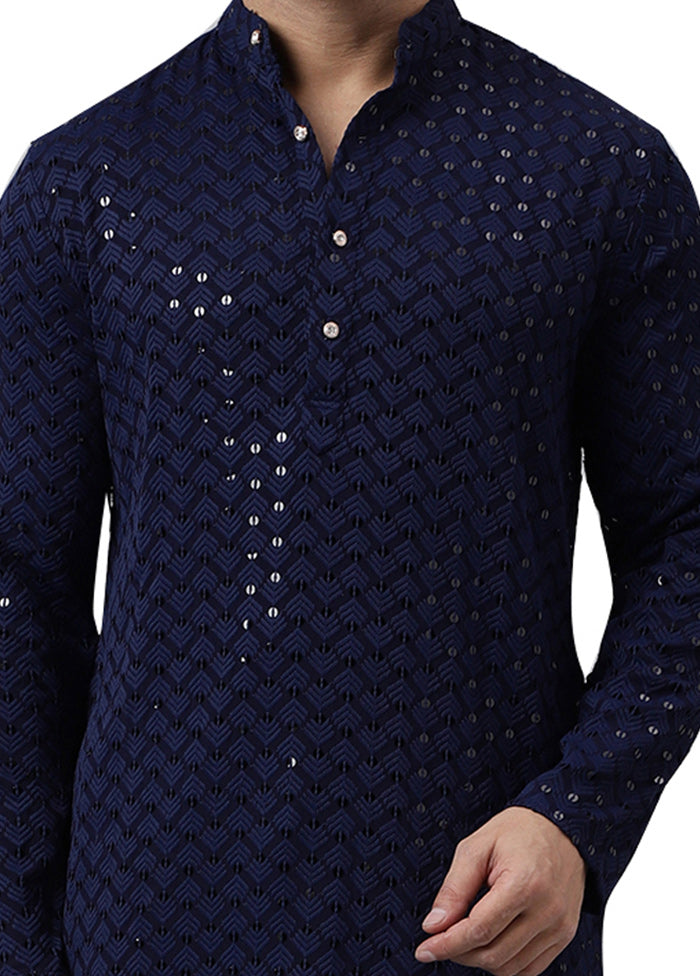 Navy Blue Silk Embroidered Kurta