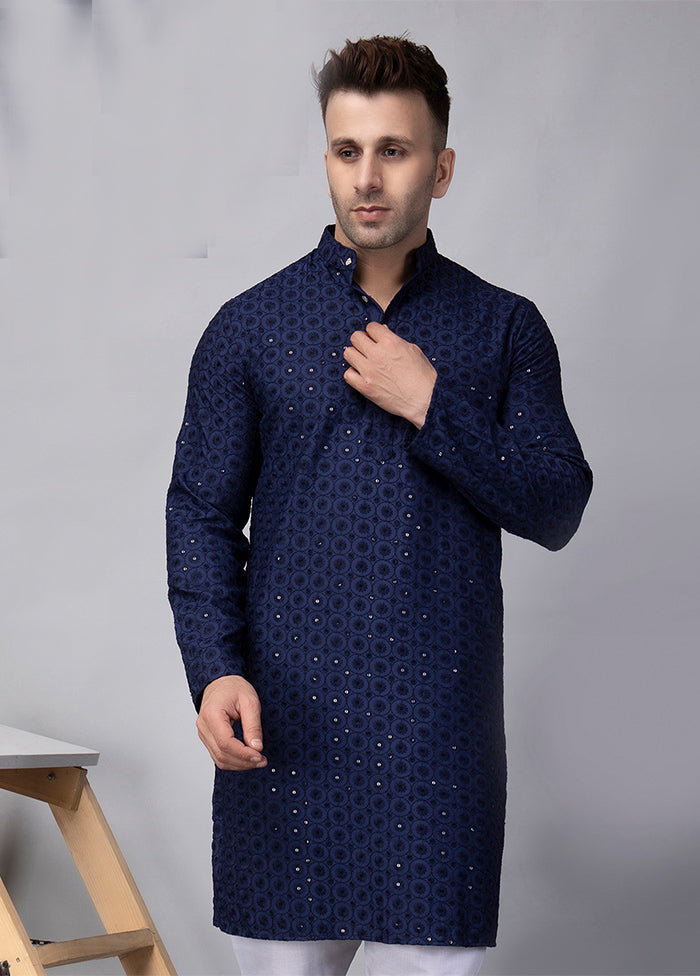 Navy Blue Viscose Embroidered Knee Length Kurta