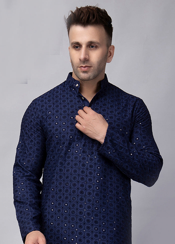 Navy Blue Viscose Embroidered Knee Length Kurta