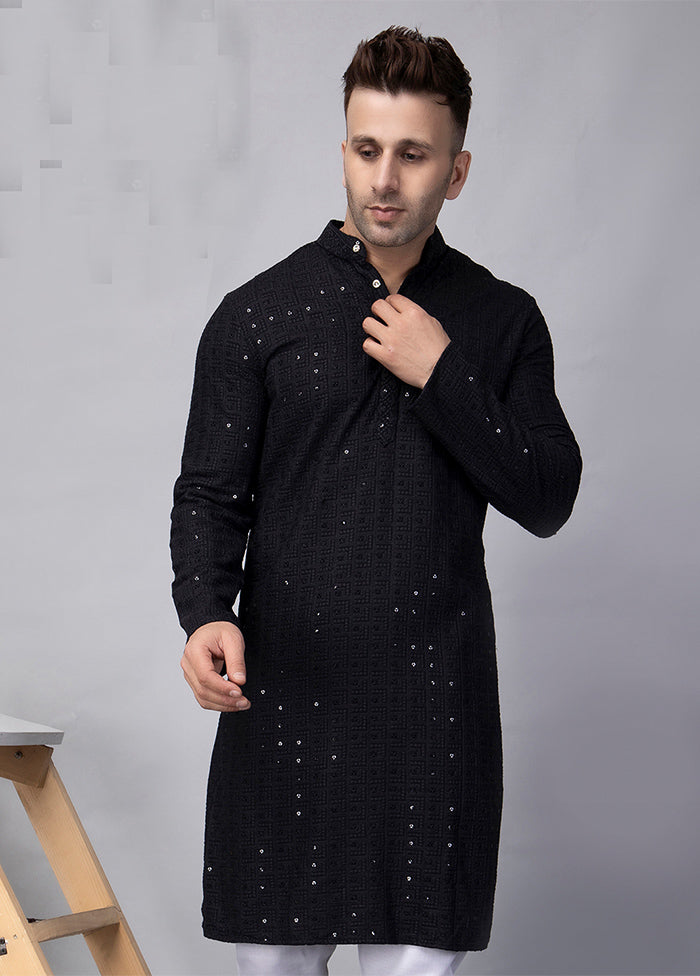 Black Viscose Embroidered Knee Length Kurta