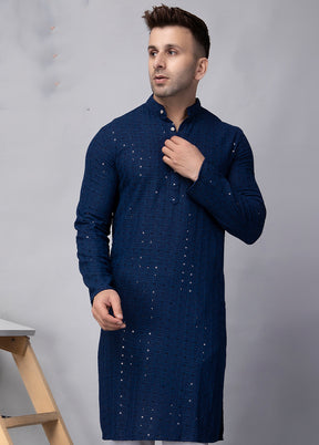 Navy Blue Viscose Embroidered Knee Length Kurta