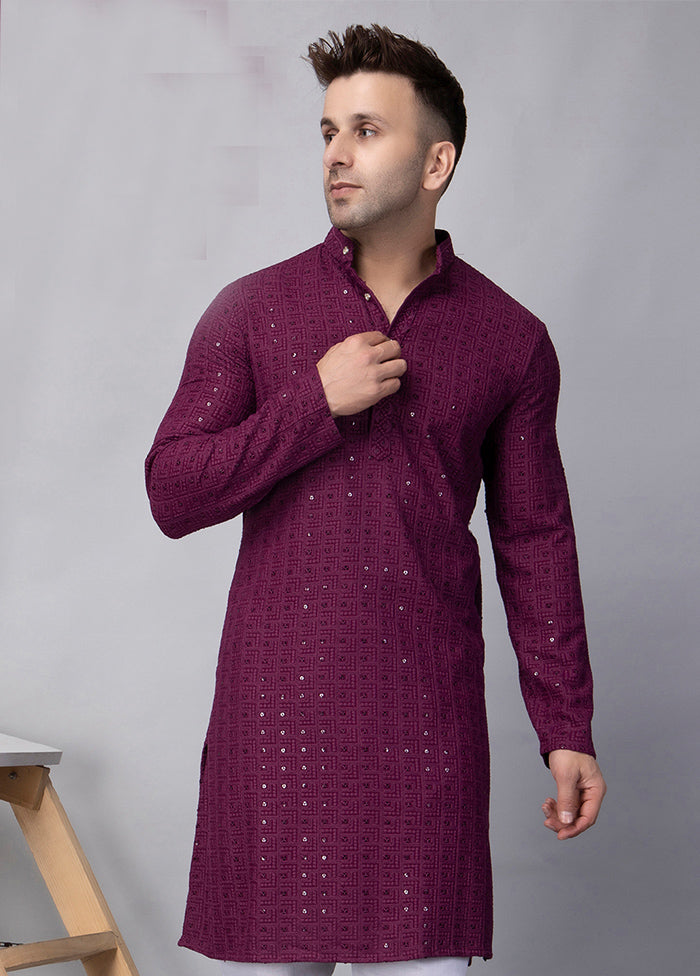 Purple Viscose Embroidered Knee Length Kurta