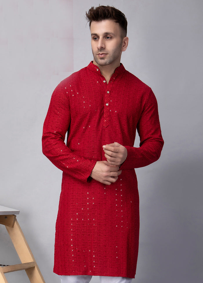 Red Viscose Embroidered Knee Length Kurta