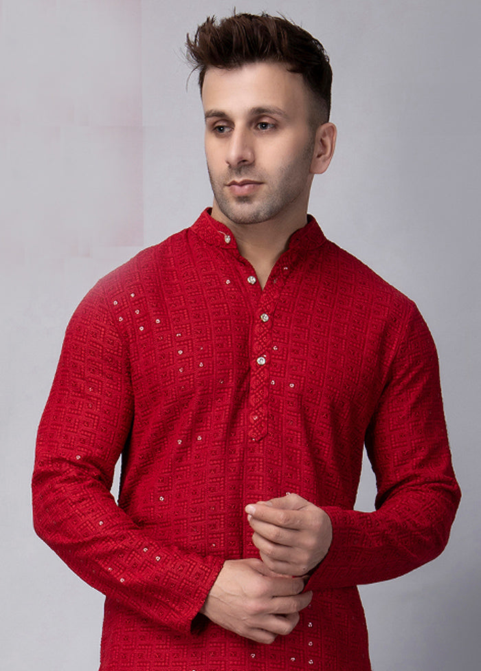 Red Viscose Embroidered Knee Length Kurta