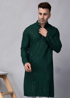 Green Viscose Embroidered Knee Length Kurta