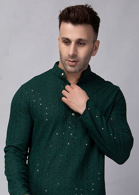 Green Viscose Embroidered Knee Length Kurta