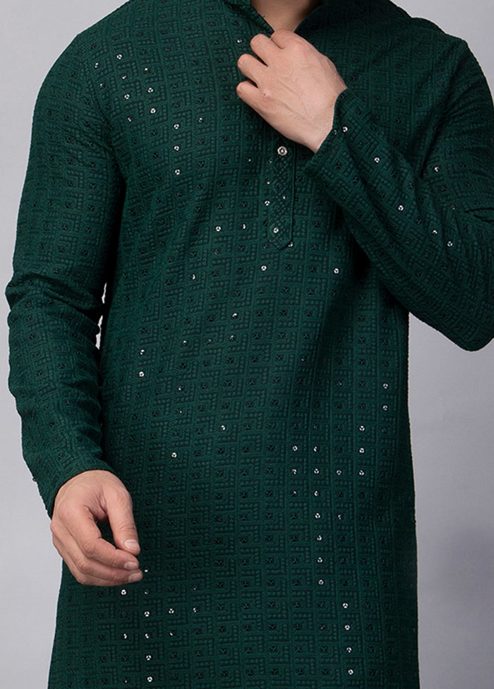 Green Viscose Embroidered Knee Length Kurta