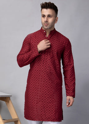 Maroon Viscose Embroidered Knee Length Kurta